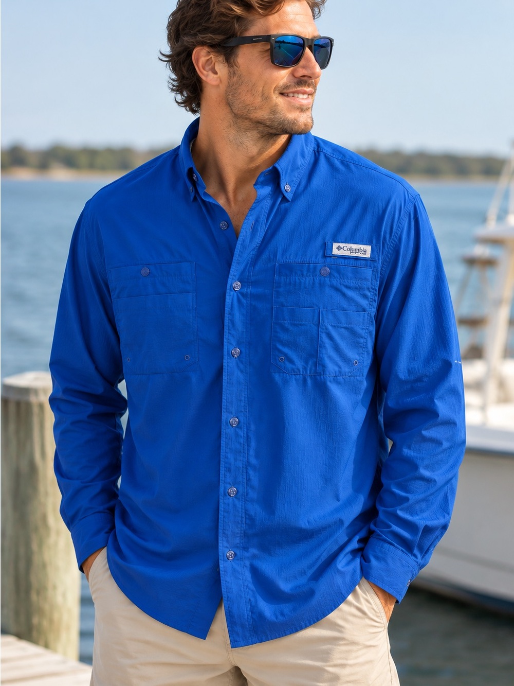 Columbia PFG Men’s Large Blue Long Sleeve Fishing Shirt Ventilated Omni-Shade